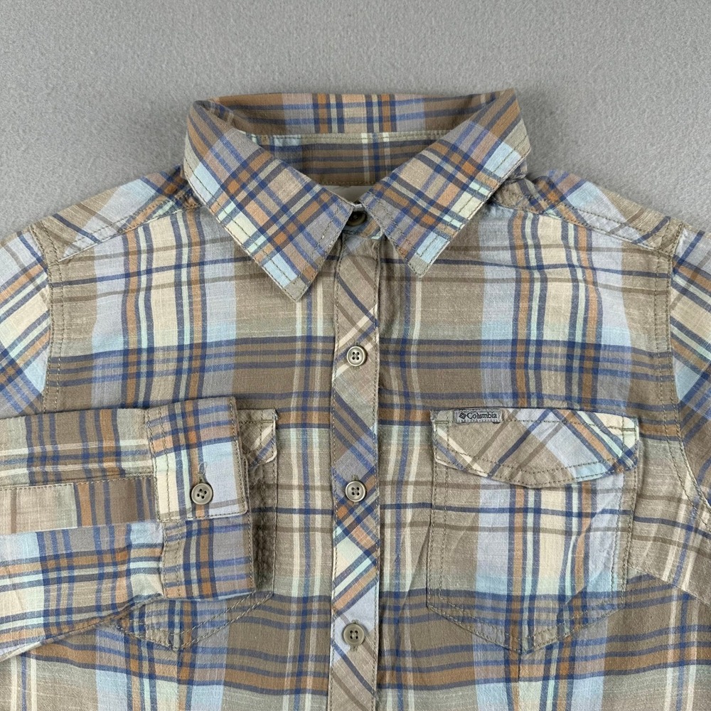 Columbia Button Down Shirt Women Medium Brown Blue Plaid Cotton AK1387